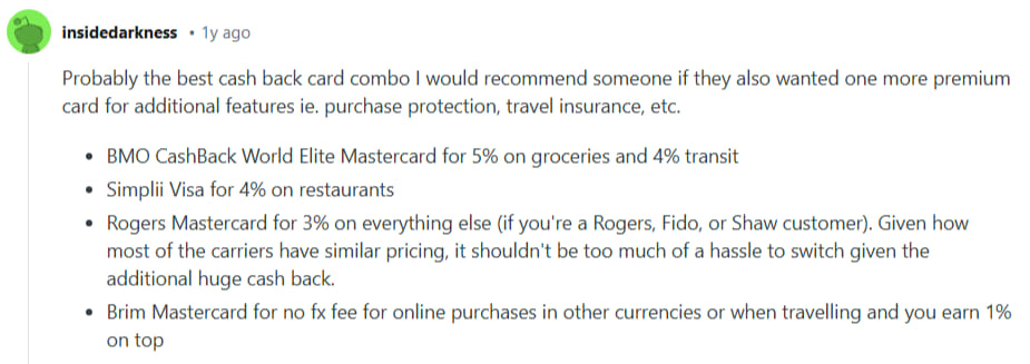 Redditor lists good cash back cards