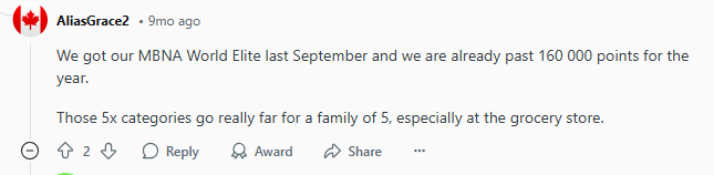 Redditor comments on the ability to earn lots of MBNA Rewards points