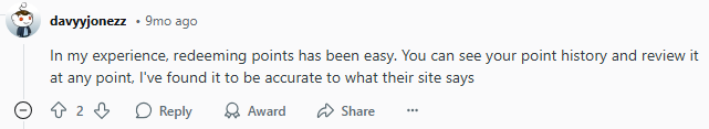Redditor comments on the ease of redeeming MBNA Rewards points