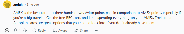 Redditor comments on RBC card options vs. Amex