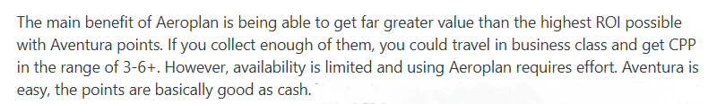 Further comments on the value of Aeroplan vs. Aventura points