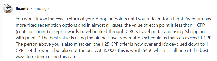 Redditor comments on the value of Aeroplan vs. Aventura points
