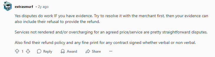 Reddit post on the success rate for credit card chargebacks