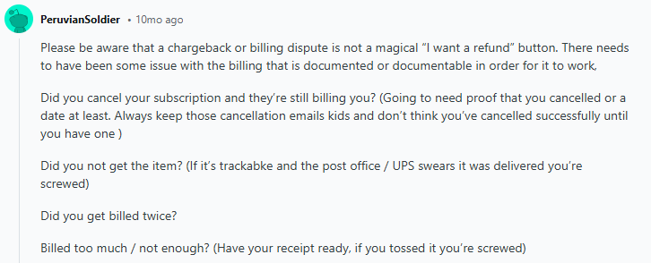 Reddit post explaining that a chargeback is not an alternative to a standard refund