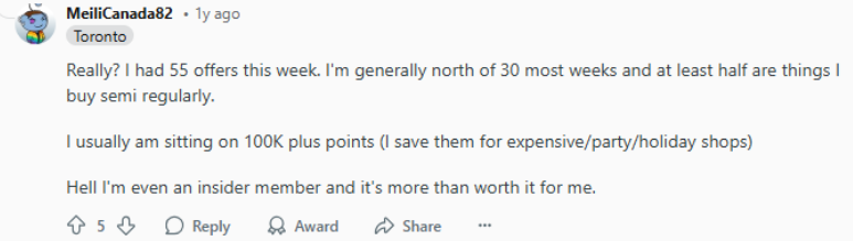 Positive opinion on PC Optimum from Reddit users