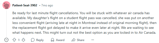 Reddit comments on Air Canada's student passes