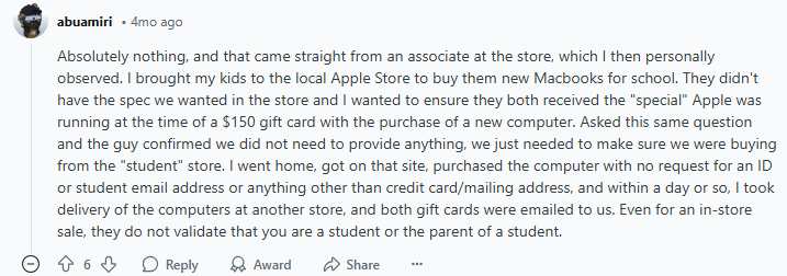 Reddit comments on Apple student discount eligibility