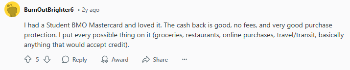 Reddit comments on the BMO student credit card