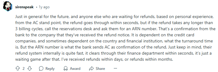 Redditor comments on the Air Canada refund process