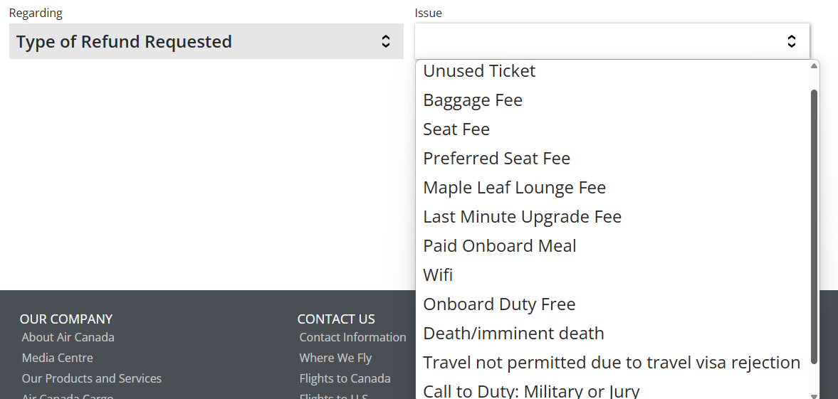 Dropdown to select the reason for the refund request