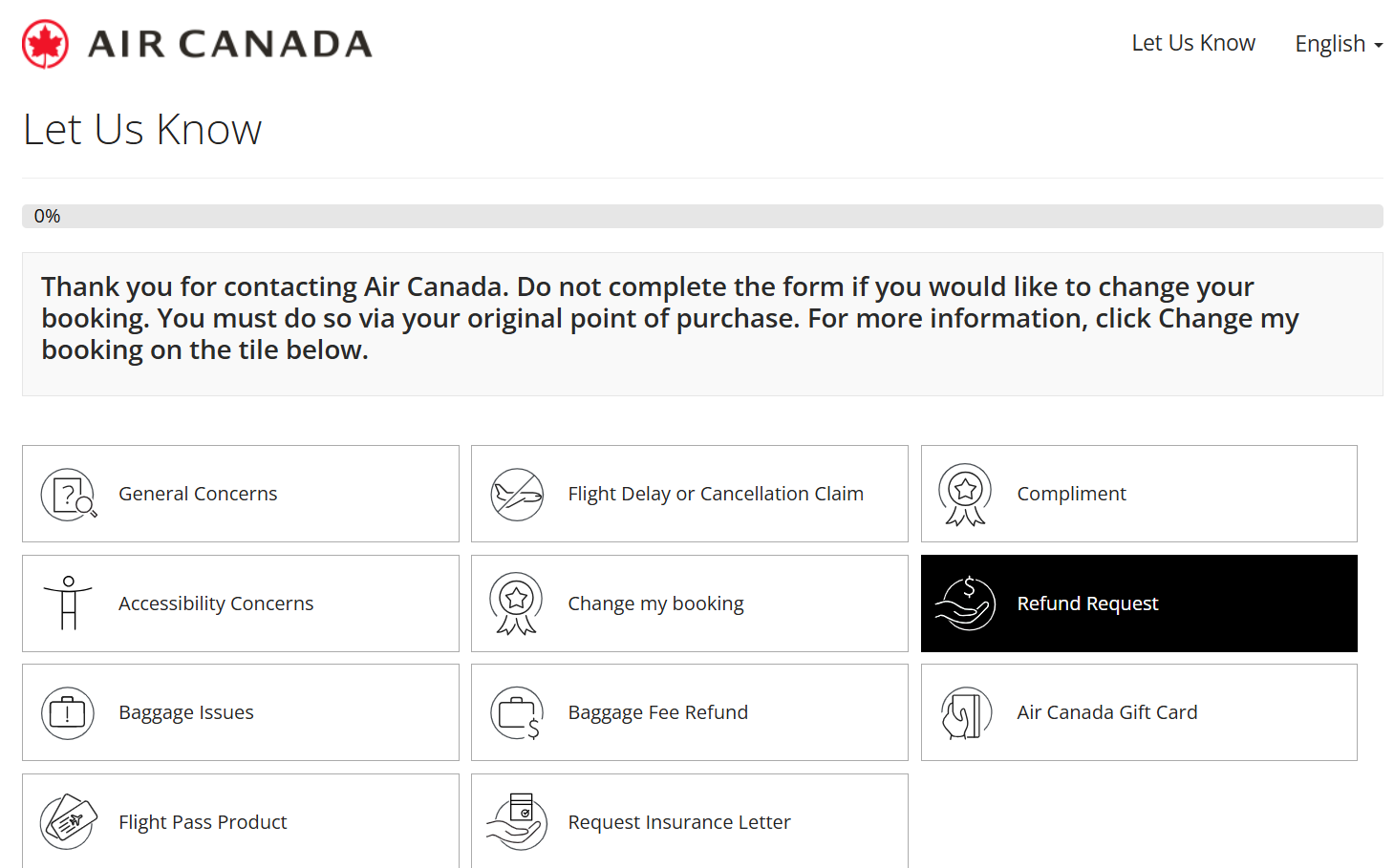 Starting point for submitting a refund request to Air Canada