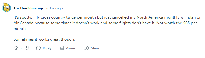 Air Canada Wi-Fi feedback from Redditors