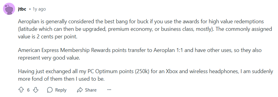 Redditor comments on the Aeroplan program
