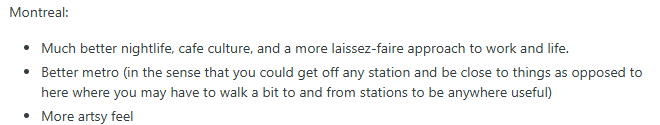 Redditor pros and cons for Montreal