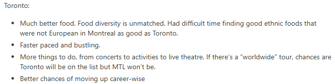 Redditor pros and cons for Toronto
