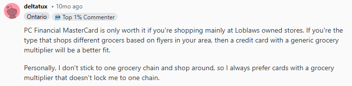 Redditor comments on who PC credit cards will most benefit