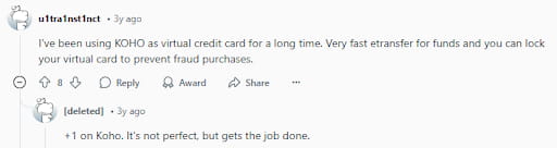Redditor praises the KOHO virtual credit card function