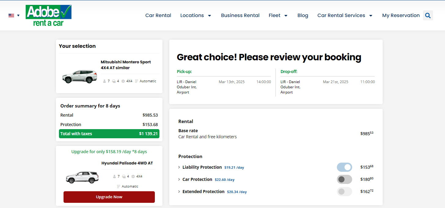Pricing for a rental car in Costa Rica