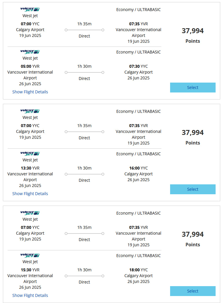 Example flight search for MBNA Rewards