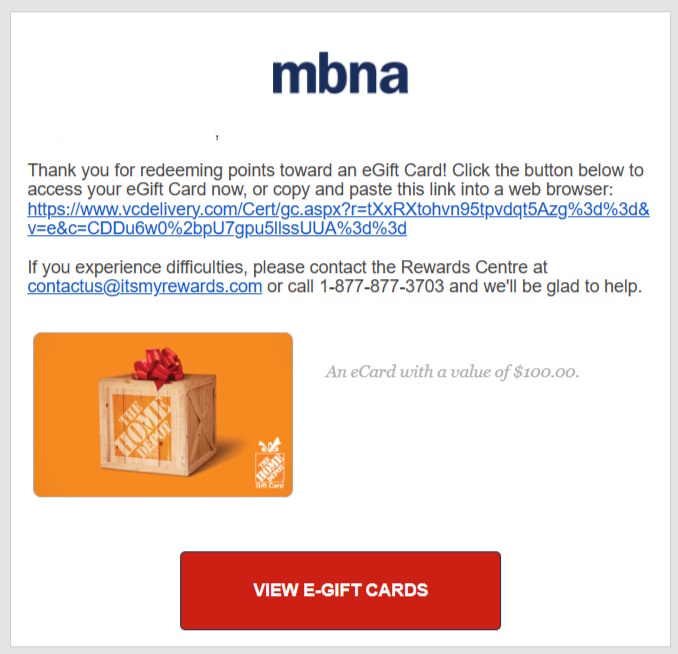 Home Depot gift card redemption from MBNA Rewards