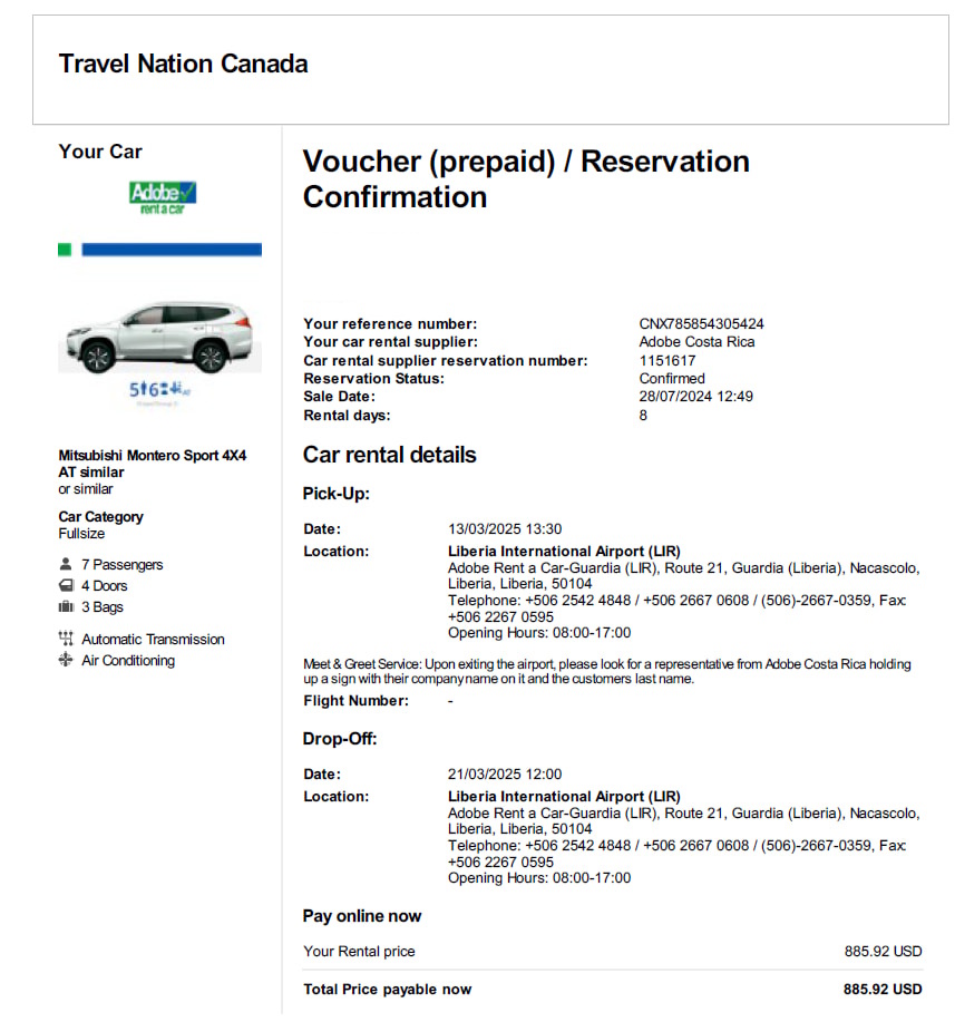 Rental car redemption from MBNA Rewards