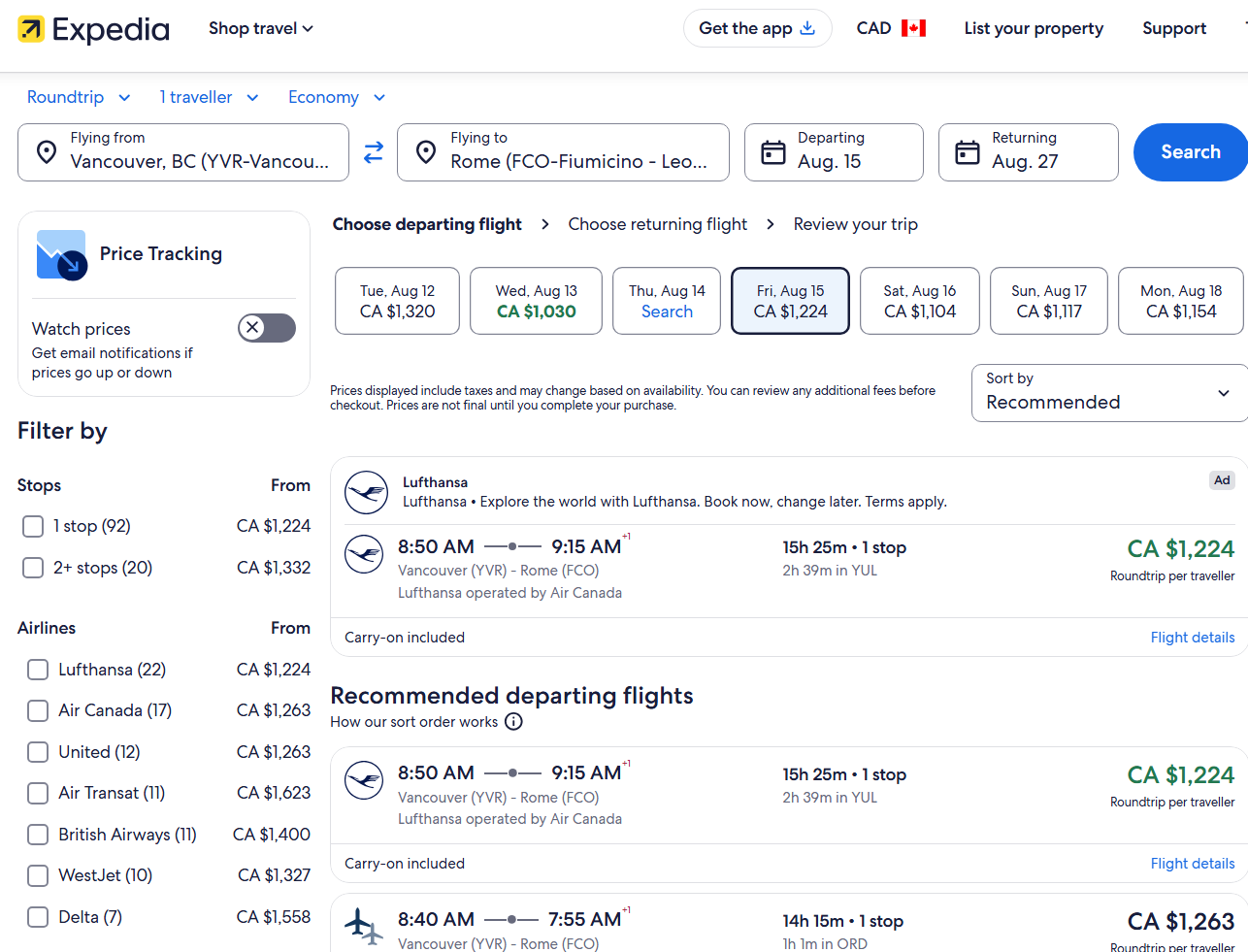 Expedia flight search results