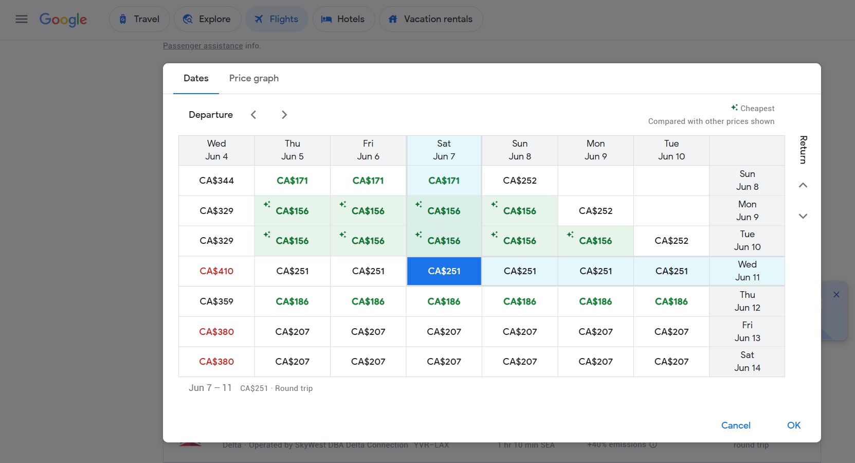Google Flights price and date grid