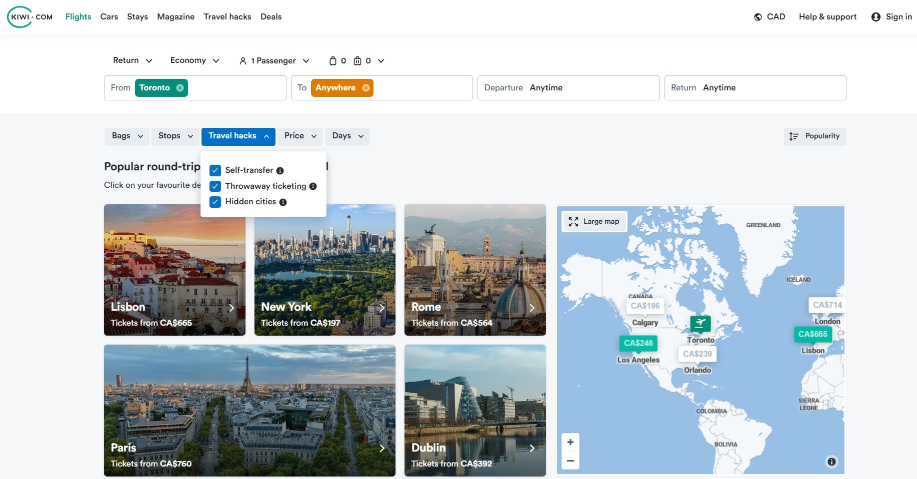Search interface for Kiwi.com