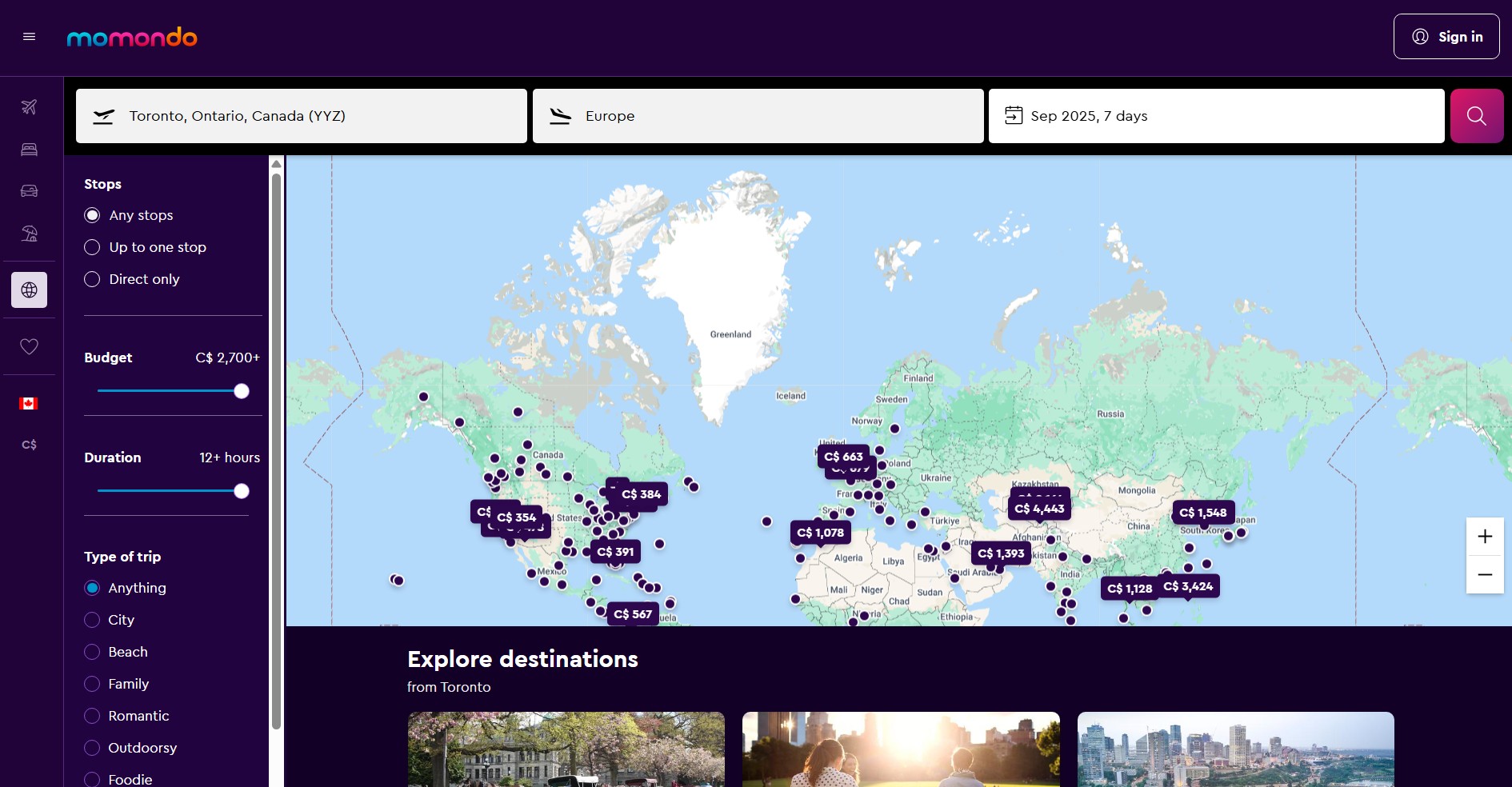 Momondo's Explore feature