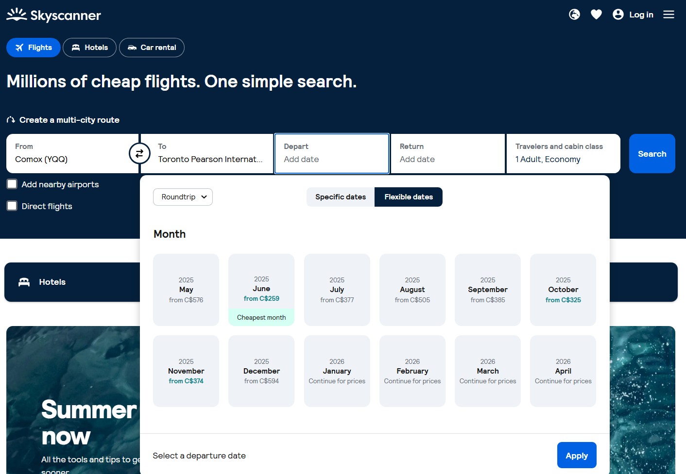 Skyscanner flexible dates flight search