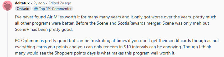Redditor talks about the differences between Scene+ and PC Optimum