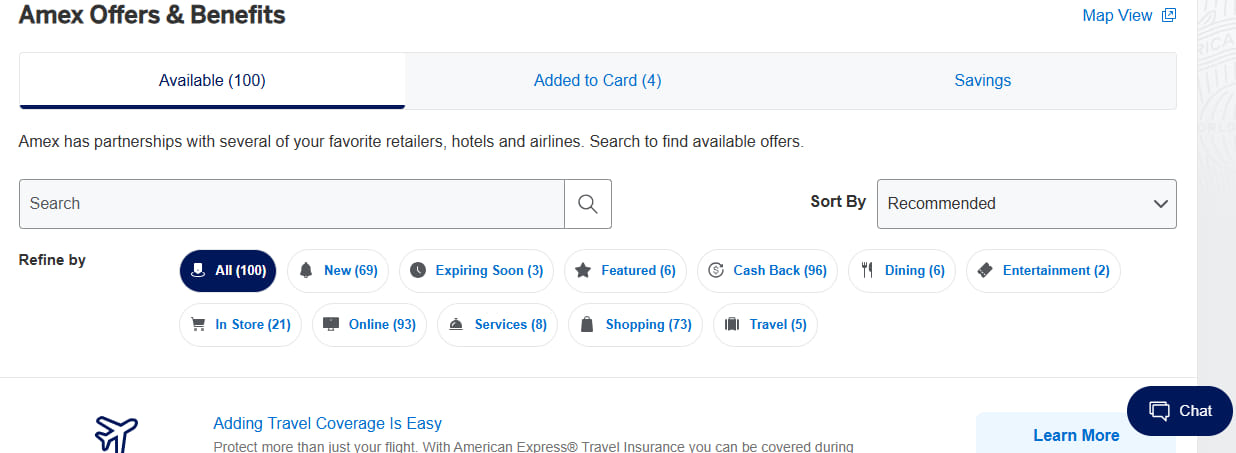 Screenshot Of The Amex Offers And Benefits Page