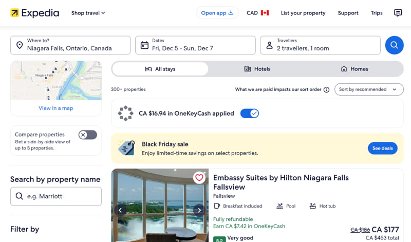 Expedia travel search with OneKeyCash discount applied