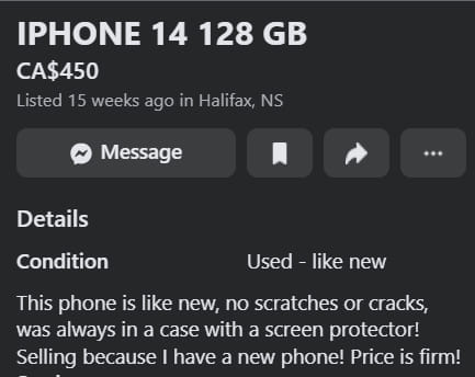 Facebook Marketplace iPhone 14 Listing