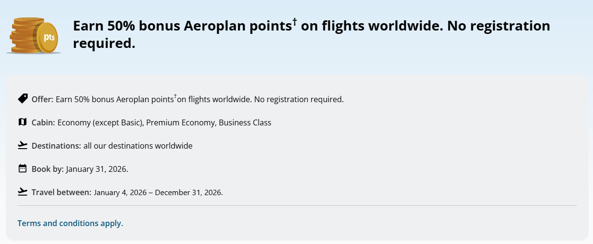 Air Canada 50% bonus Aeroplan points offer