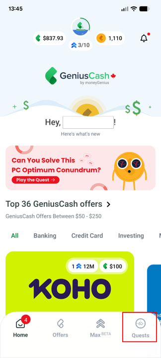 GeniusCash App home page