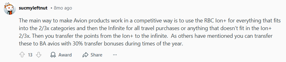 Reddit User Discusses Using Avion VI And RBC Ion+ Cards