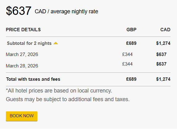Visa Infinite Luxury Hotel Collection Example Pricing For London UK