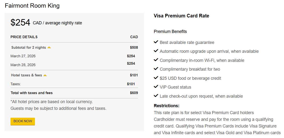 Visa Infinite Luxury Hotel Collection Example Pricing For Ottawa ON
