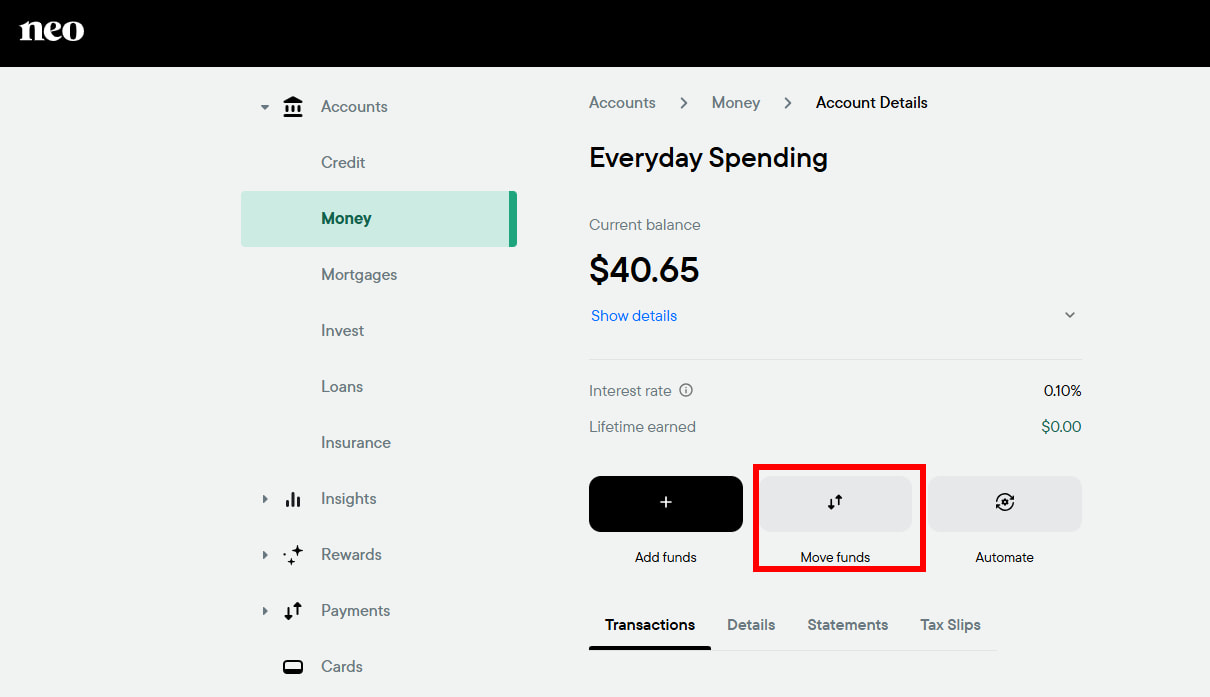 Moving Neo cash back to high interest savings
