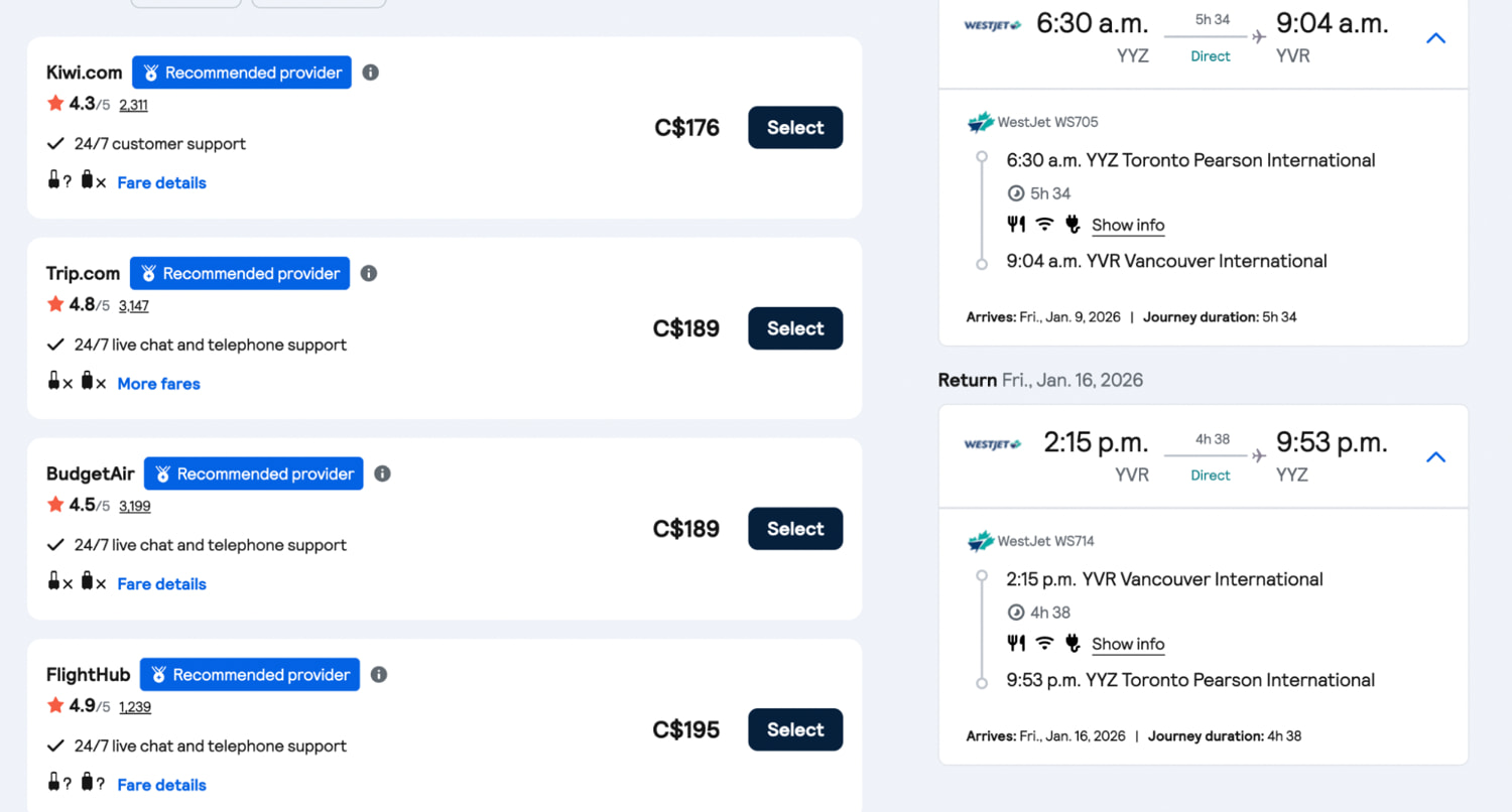 Skyscanner flight booking options for YYZ to YVR