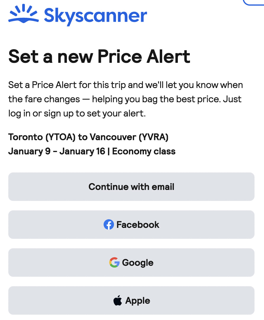 Skyscanner flight price alert setup