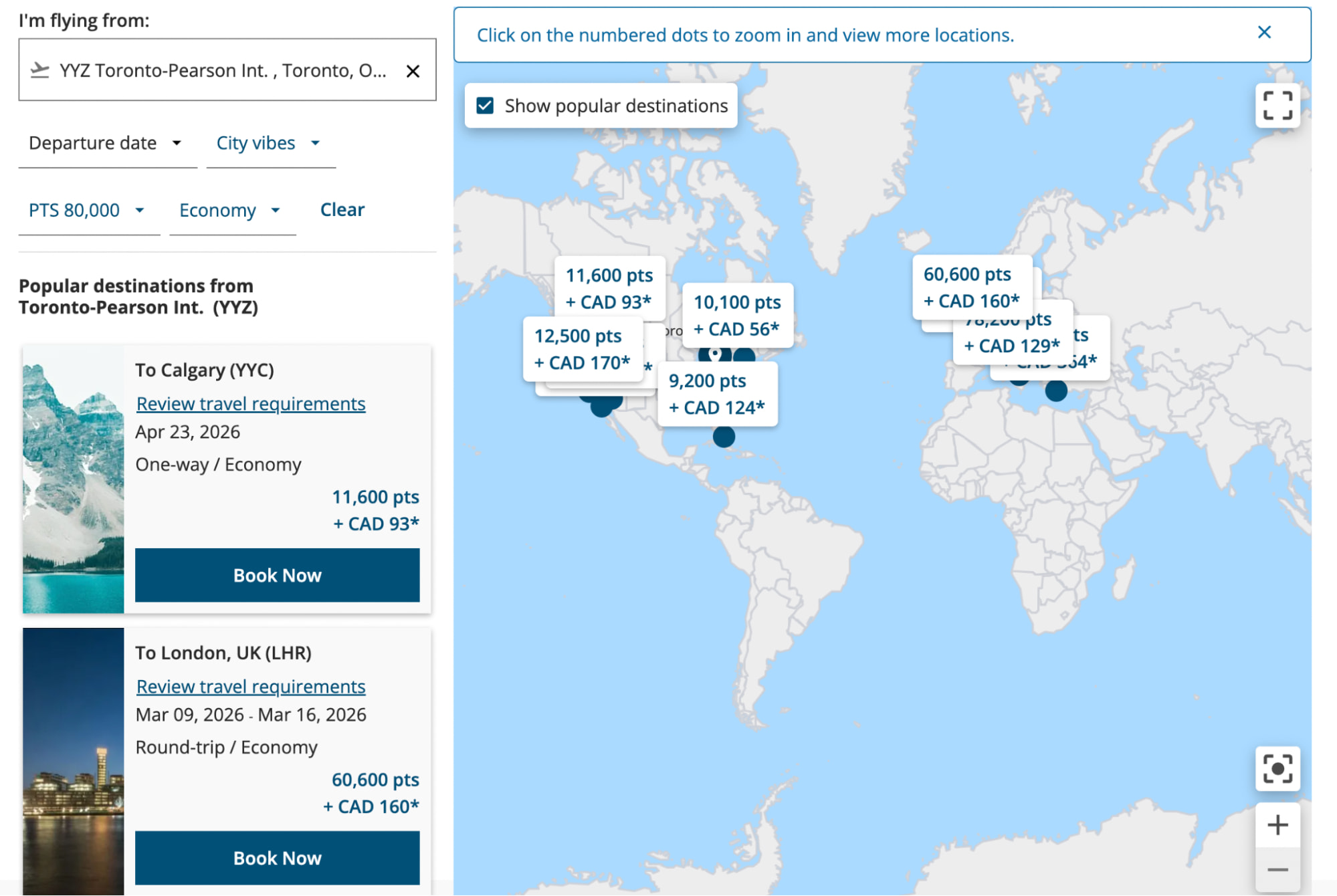 Aeroplan Points Finder tool YYZ example