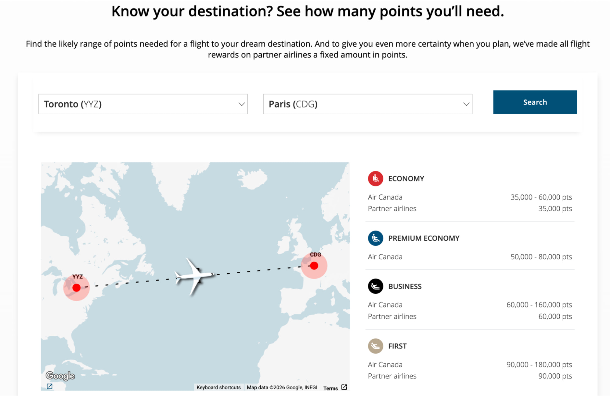 Aeroplan Points Predictor tool: YYZ to CDG point estimate