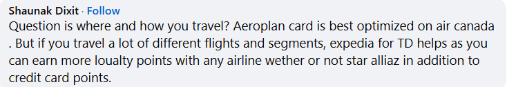 Facebook User Says The TD Aeroplan VI Card Earns Good Loyalty Points