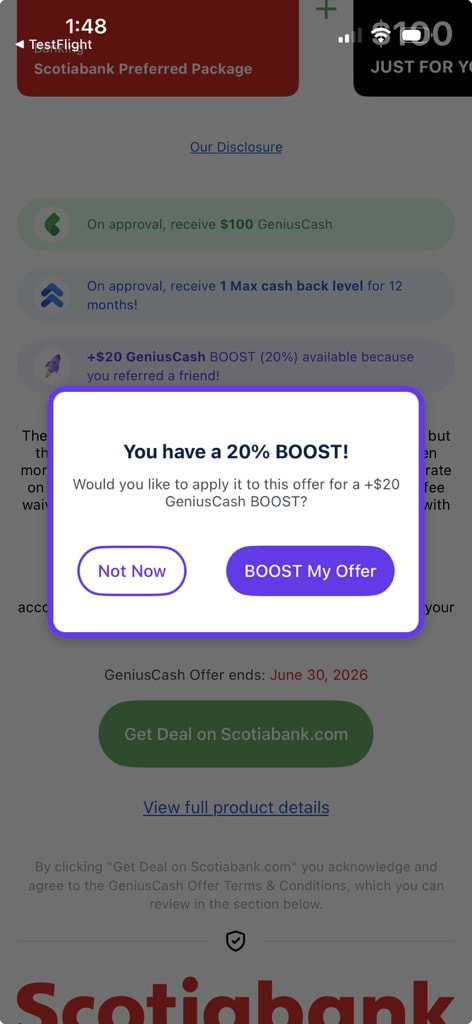GeniusCash app popup that reads