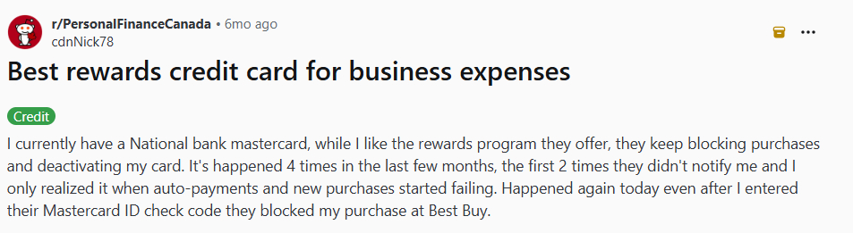 A Redditor Comments On Their Negative Experience With A Business Credit Card From National Bank