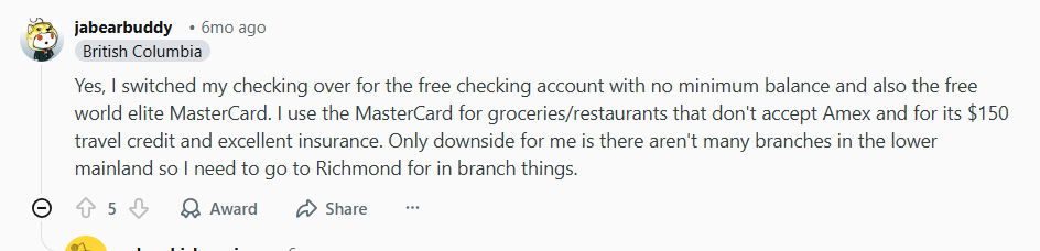 Reddit Comment About The National Bank World Elite Mastercard