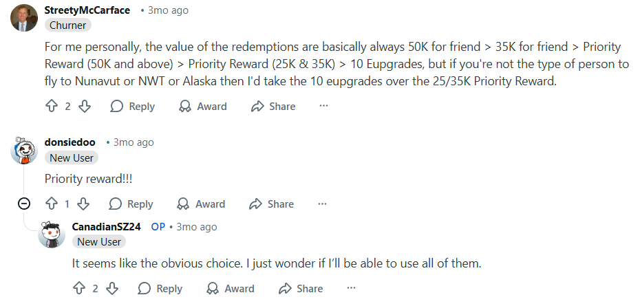 Reddit user comments on redemption values