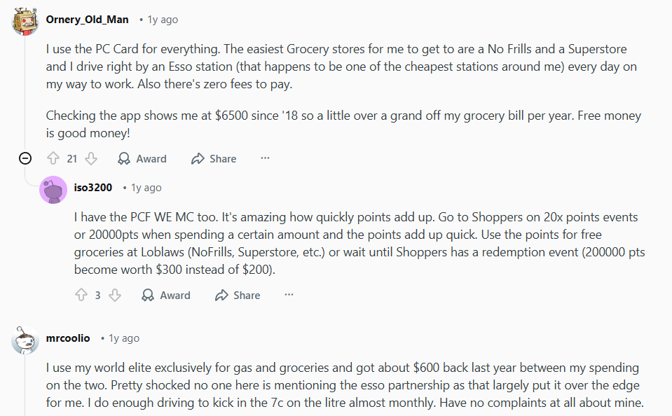 Several Redditors Love Their PC Financial Credit Cards